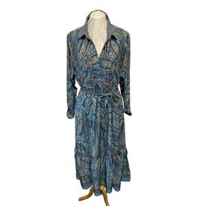 Lapogee Womens Bohemian Paisley Button Front Maxi Dress With Belt Blue Gold